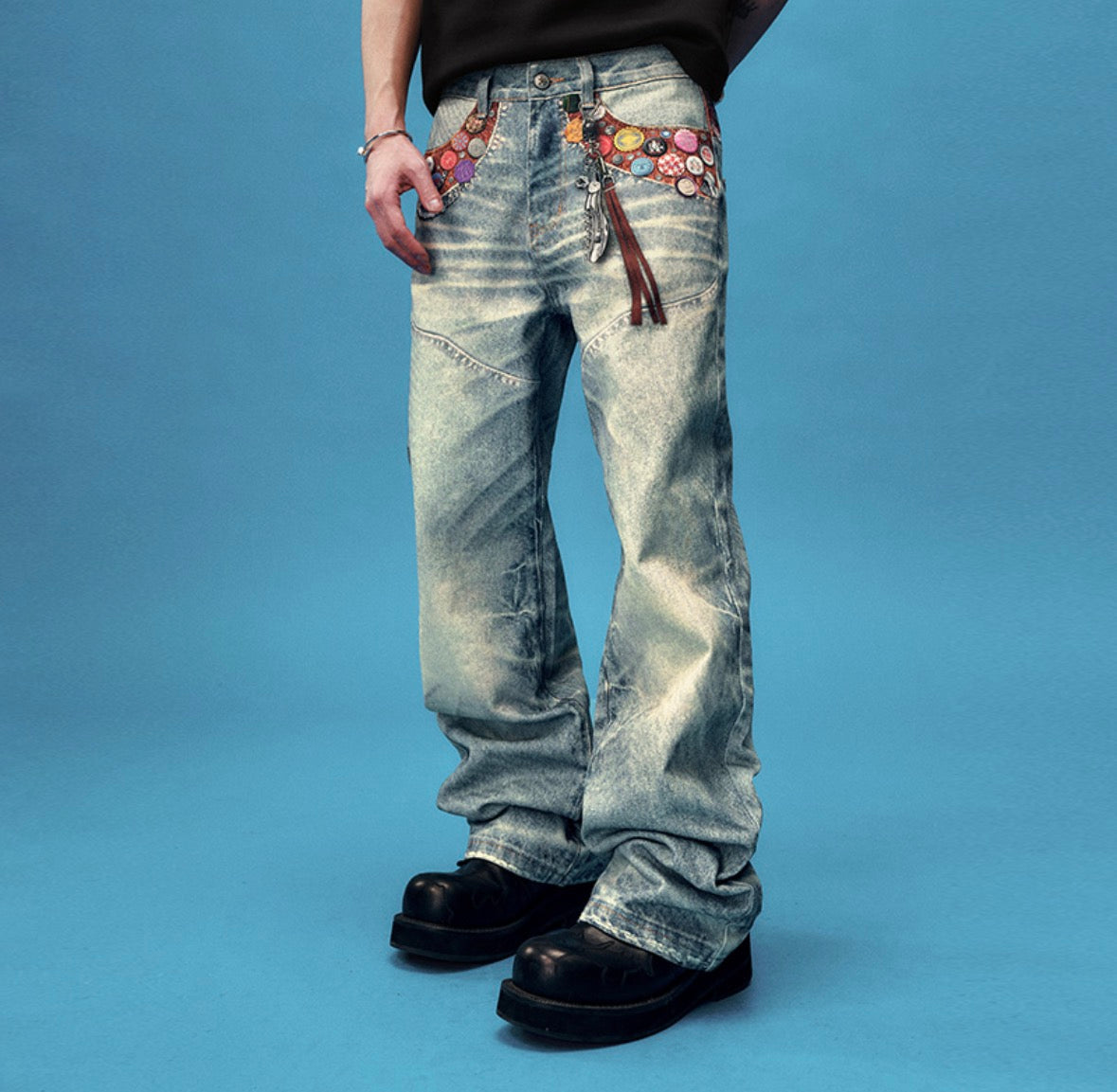 Designer-Created Cap Badge Jeans