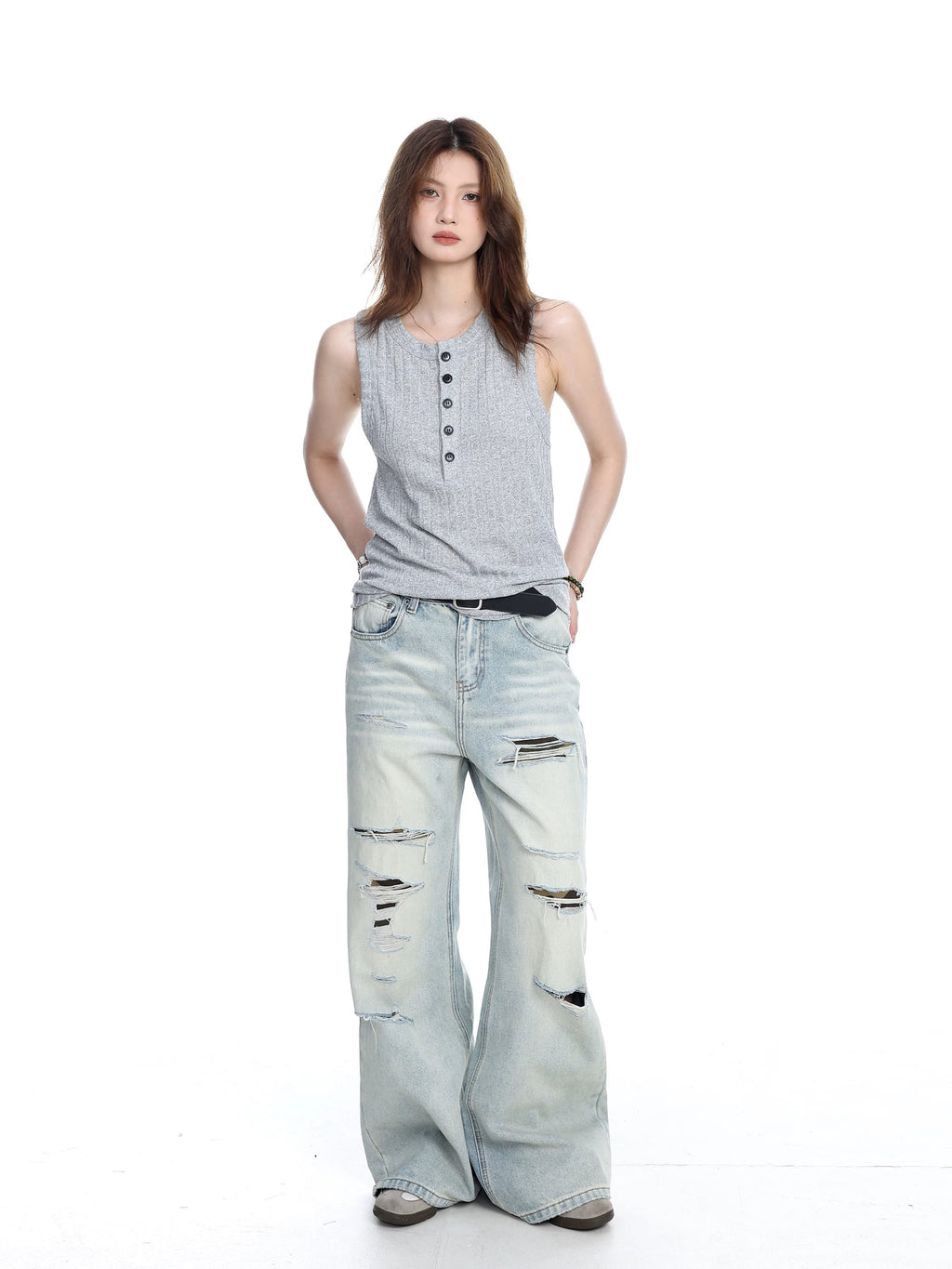 Button-Placket Sleeveless Tank Top