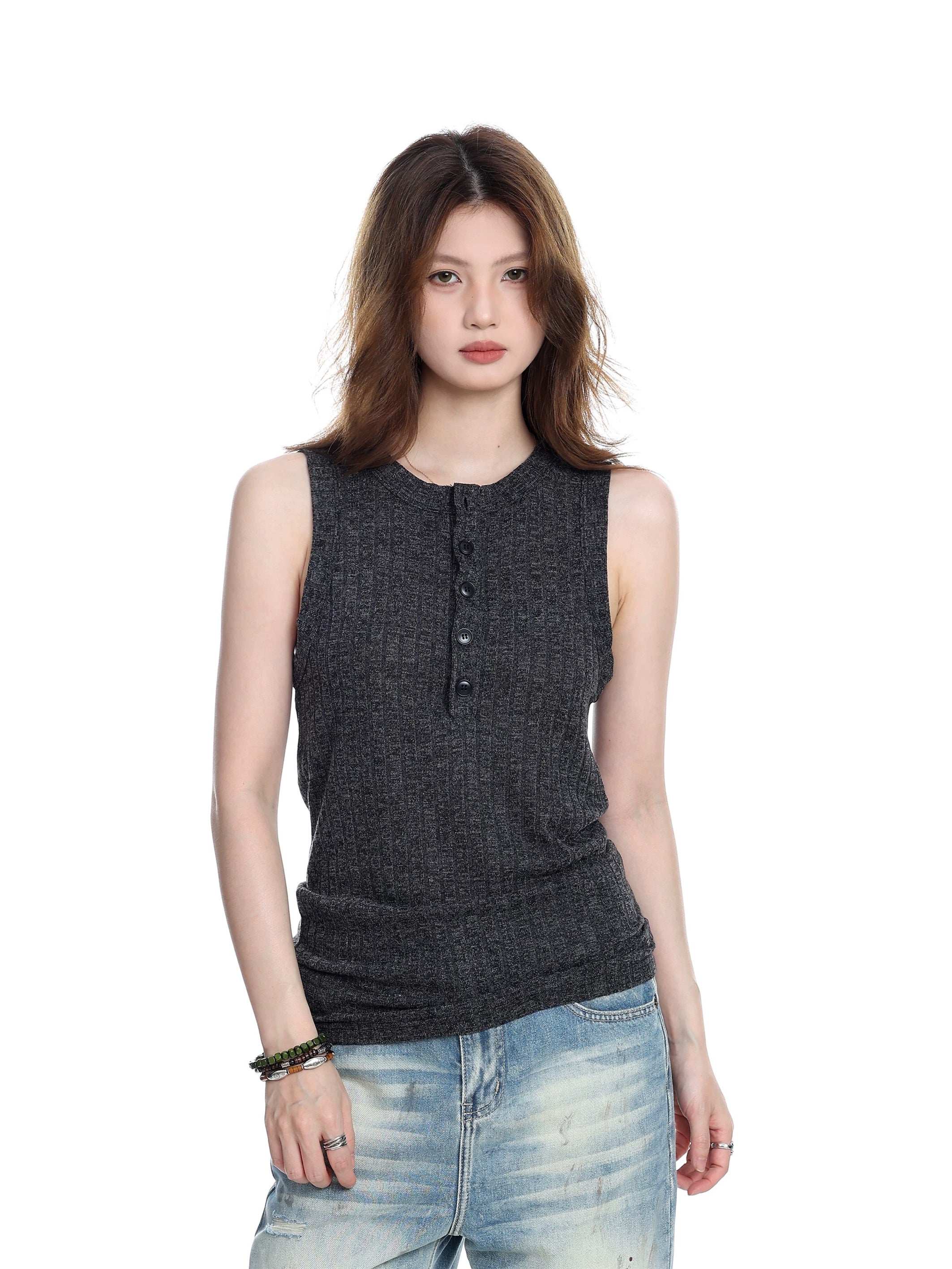 Button-Placket Sleeveless Tank Top
