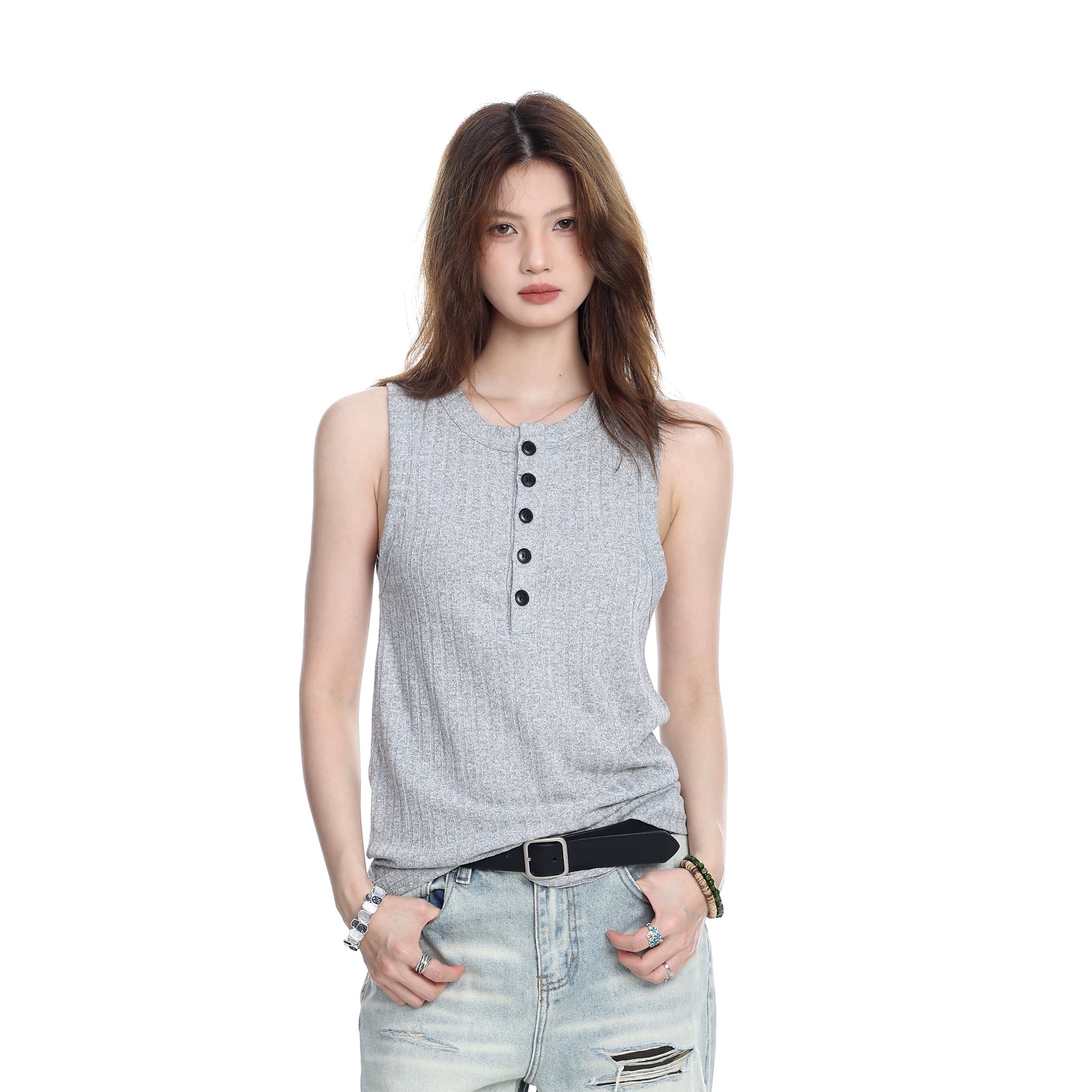 Button-Placket Sleeveless Tank Top