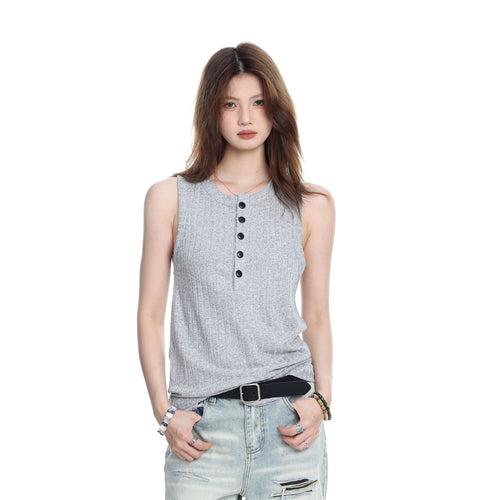 Button-Placket Sleeveless Tank Top