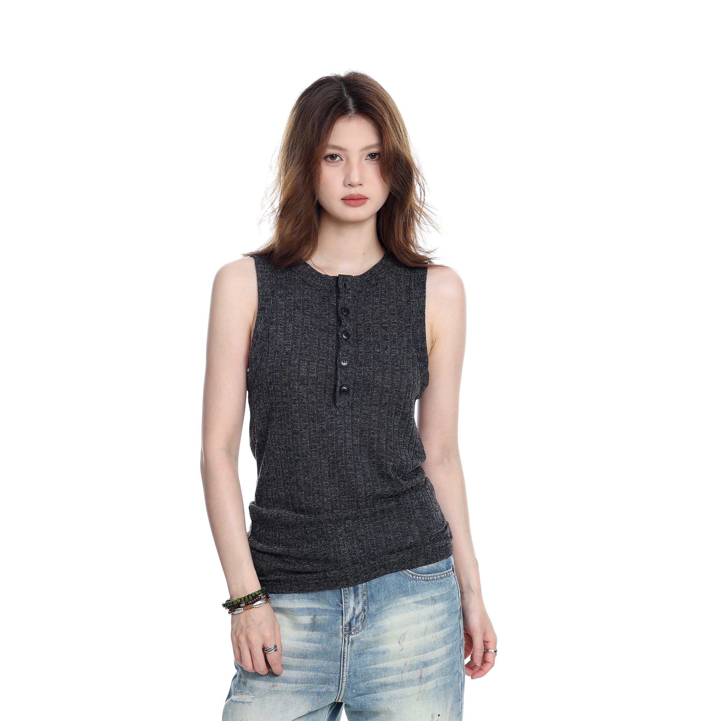 Button-Placket Sleeveless Tank Top