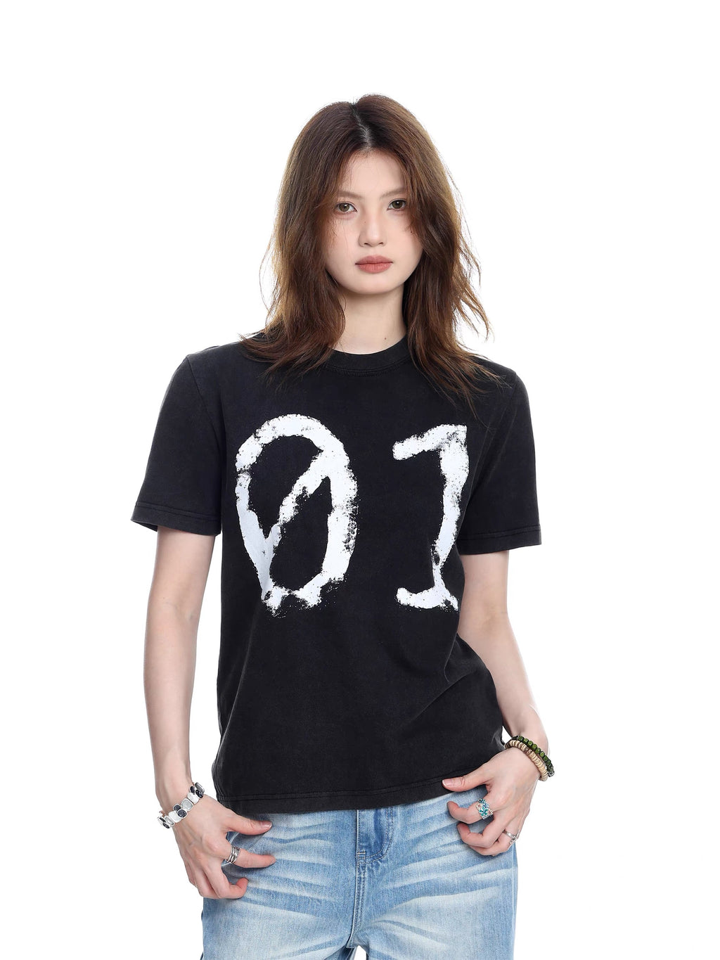 "01" Graphic Print Oversized Tee